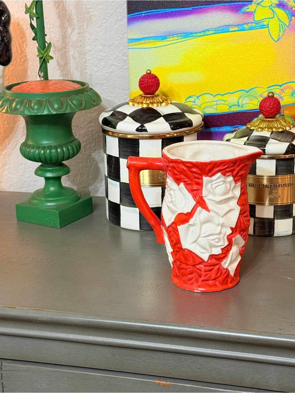 Rare Royal Trico Japan Ceramic Pitcher – Red & Cream Rose Relief, 1950s - Picture 5 of 14